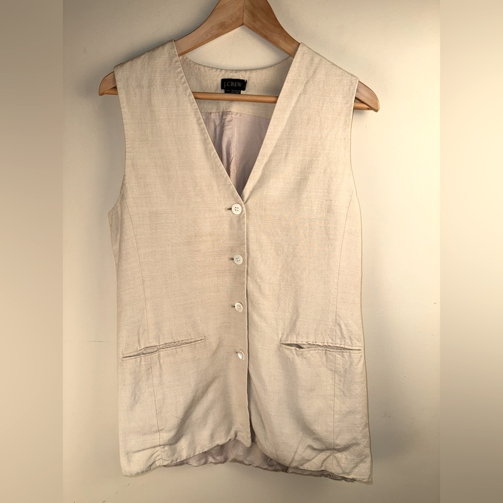 J Crew Women's Tan LInen/Rayon Button Up Vest Pockets Size 8 Chic Capsule